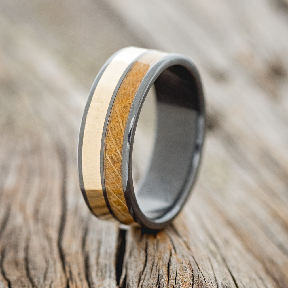 "DYAD" - WHISKEY BARREL OAK & 14K YELLOW GOLD INLAY WEDDING BAND-8