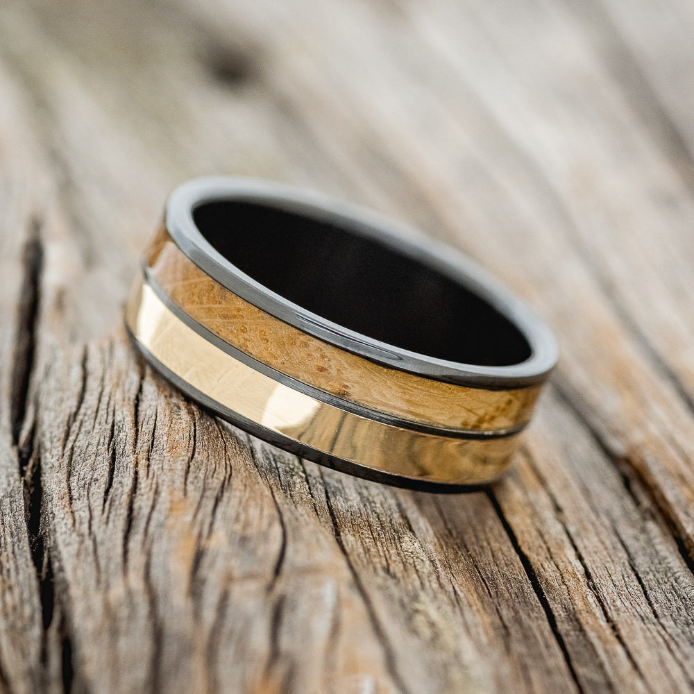 "DYAD" - WHISKEY BARREL OAK & 14K YELLOW GOLD INLAY WEDDING BAND-9