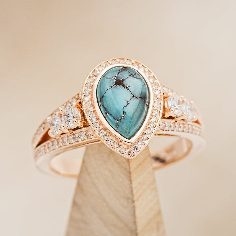 "SOFIA" - PEAR-SHAPED TURQUOISE ENGAGEMENT RING WITH DIAMOND HALO & ACCENTS-1