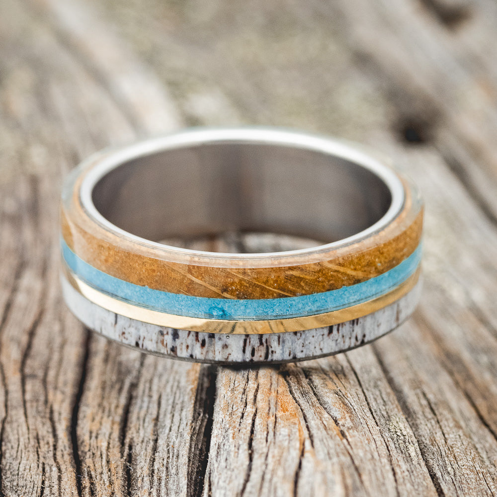 "ARGOS" - MATCHING SET OF ANTLER, WHISKEY BARREL, TURQUOISE & 14K GOLD INLAY WEDDING BANDS-6