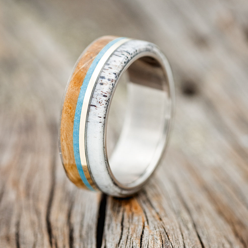 "ARGOS" - MATCHING SET OF ANTLER, WHISKEY BARREL, TURQUOISE & 14K GOLD INLAY WEDDING BANDS-2