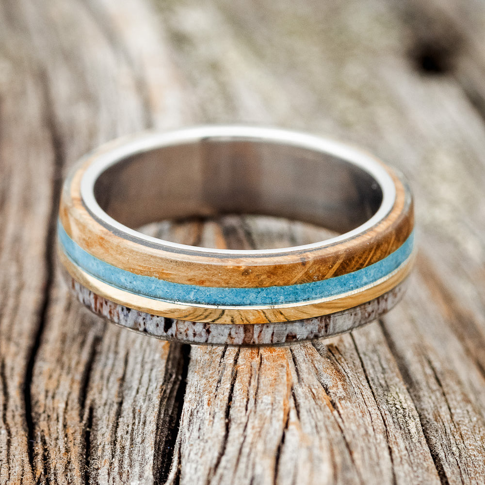 "ARGOS" - MATCHING SET OF ANTLER, WHISKEY BARREL, TURQUOISE & 14K GOLD INLAY WEDDING BANDS-7
