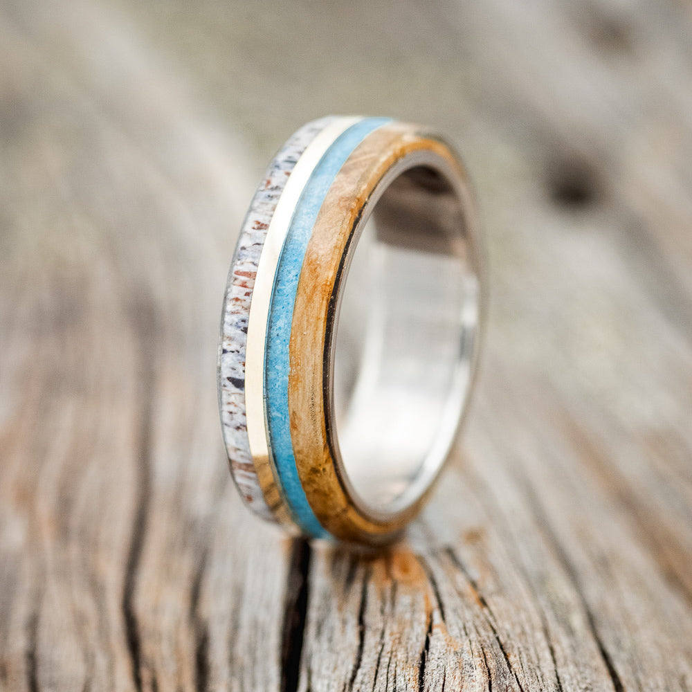 "ARGOS" - MATCHING SET OF ANTLER, WHISKEY BARREL, TURQUOISE & 14K GOLD INLAY WEDDING BANDS-3