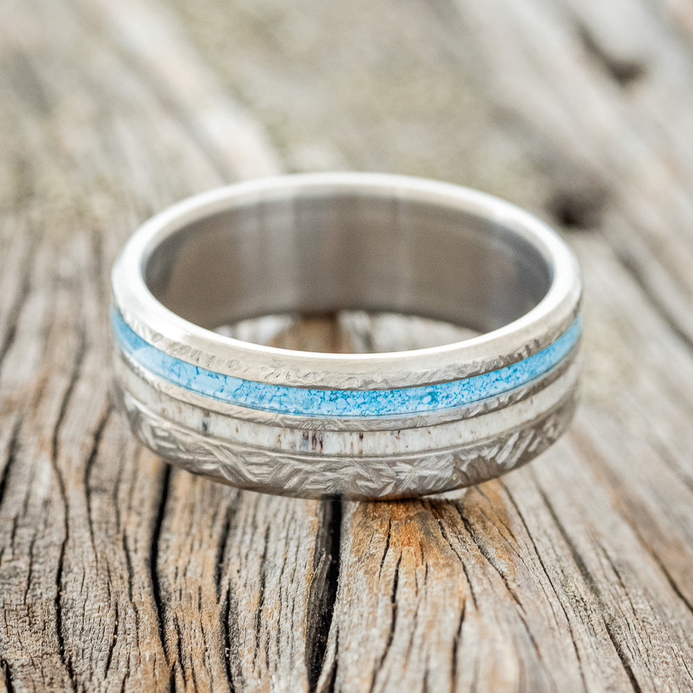 "COSMO" - ANTLER & TURQUOISE WEDDING BAND WITH A CROSSHATCH FINISH-3