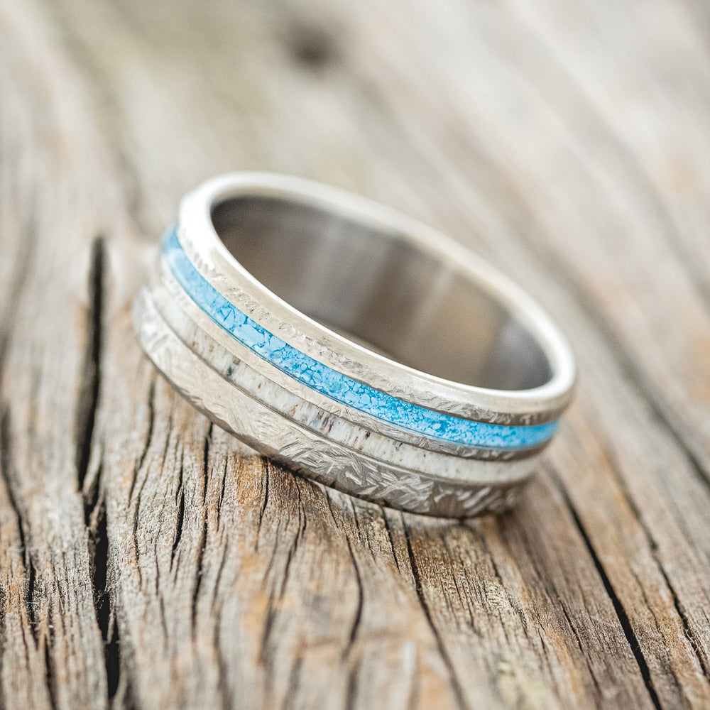 "COSMO" - ANTLER & TURQUOISE WEDDING BAND WITH A CROSSHATCH FINISH-2