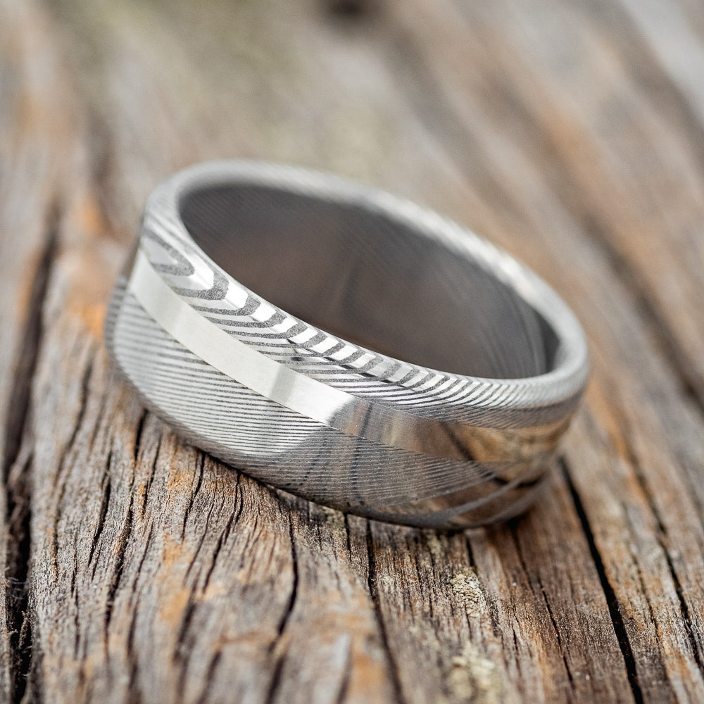 "VERTIGO" - DAMASCUS STEEL WEDDING RING WITH A 14K GOLD INLAY-2