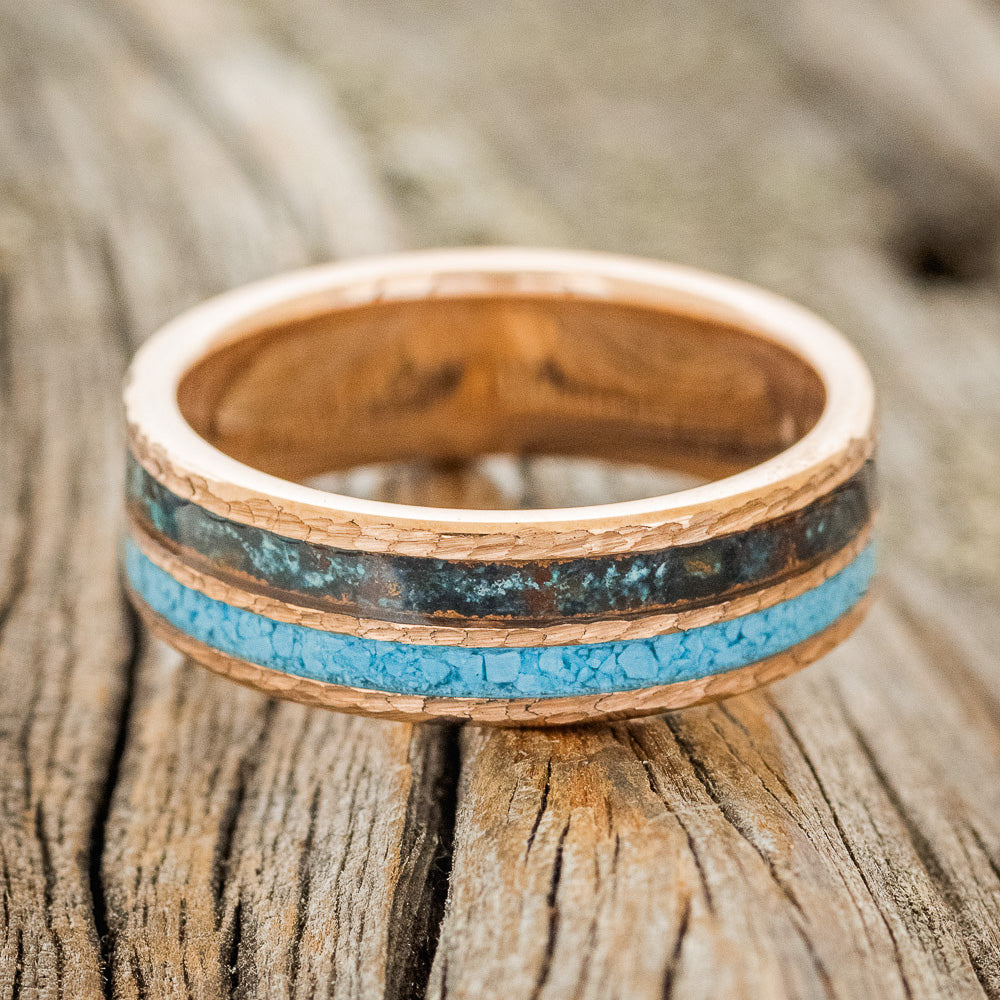 "DYAD" - TURQUOISE & PATINA COPPER WEDDING RING FEATURING A HAMMERED 14K GOLD BAND-6