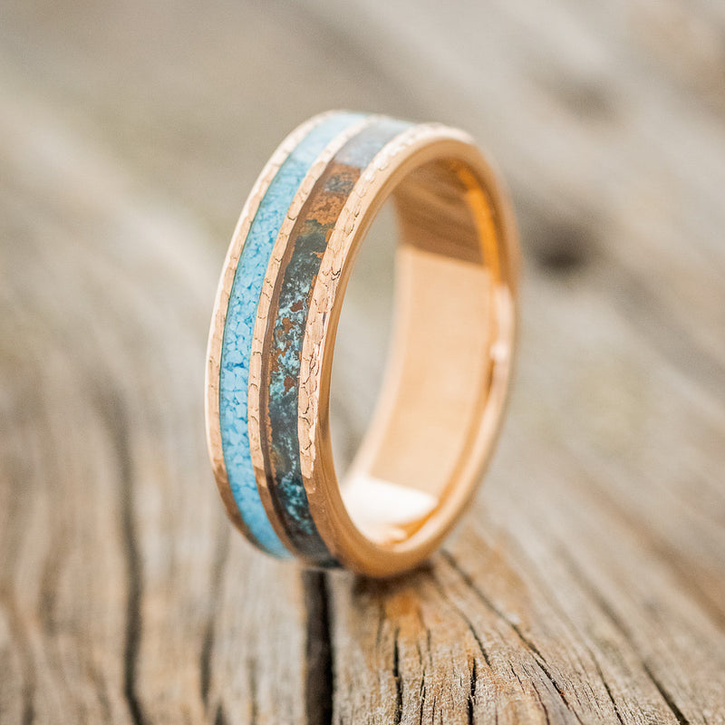 "DYAD" - TURQUOISE & PATINA COPPER WEDDING RING FEATURING A HAMMERED 14K GOLD BAND