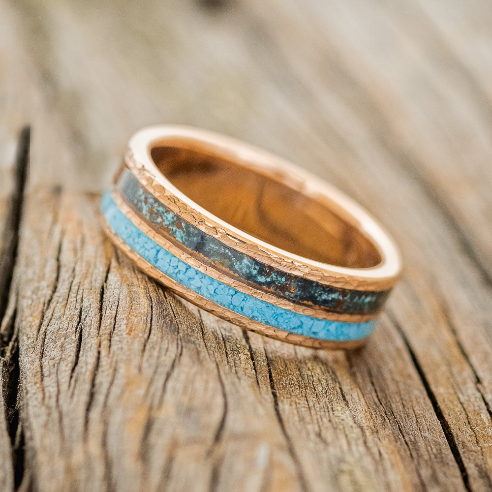 "DYAD" - TURQUOISE & PATINA COPPER WEDDING RING FEATURING A HAMMERED 14K GOLD BAND-5