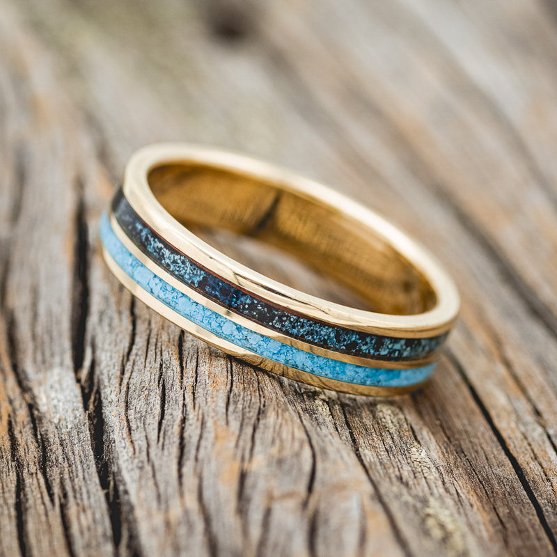 "DYAD" - TURQUOISE & PATINA COPPER WEDDING RING FEATURING A 14K GOLD BAND