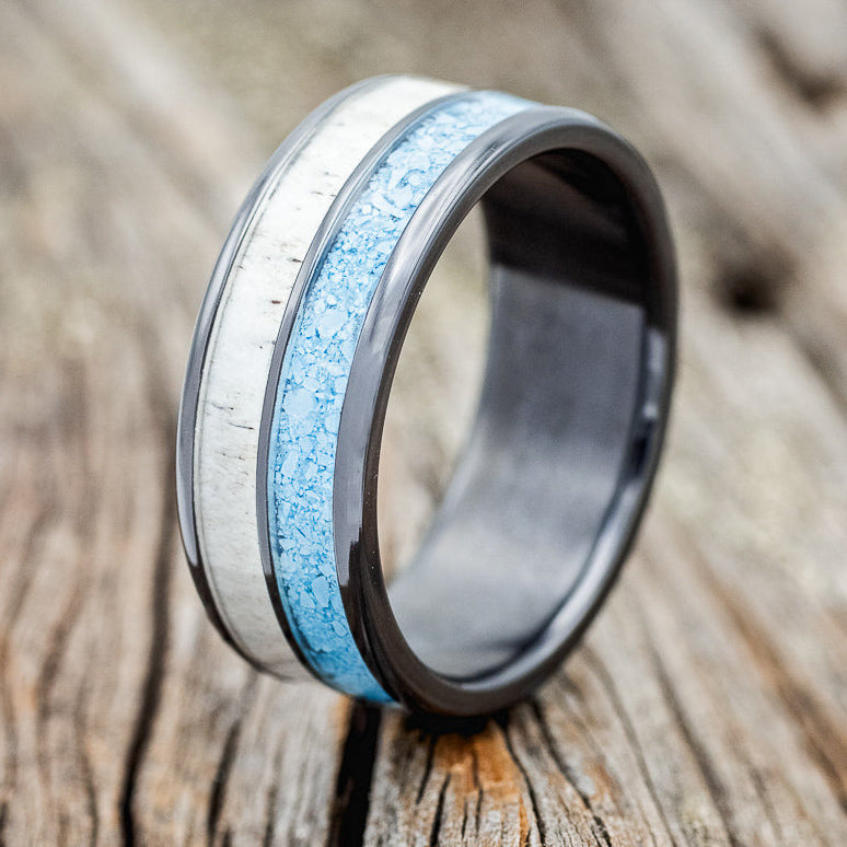 "DYAD" - MATCHING SET OF ANTLER & TURQUOISE WEDDING BANDS-2