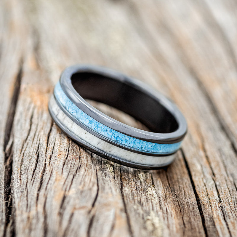 "DYAD" - MATCHING SET OF ANTLER & TURQUOISE WEDDING BANDS-5