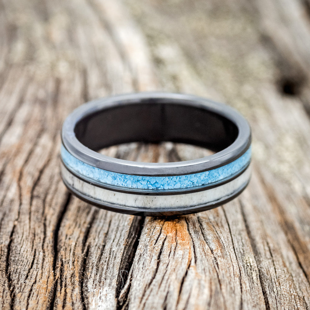 "DYAD" - MATCHING SET OF ANTLER & TURQUOISE WEDDING BANDS-7