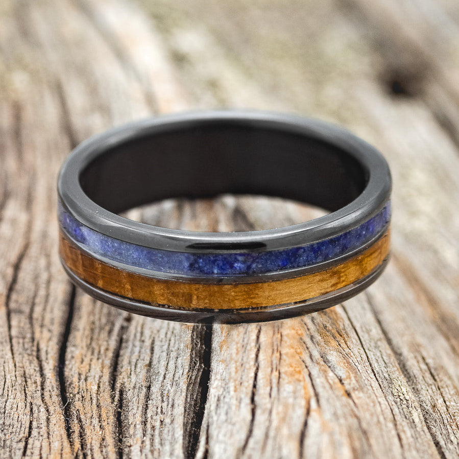 "DYAD" - WHISKEY BARREL OAK & LAPIS LAZULI WEDDING RING BAND-3