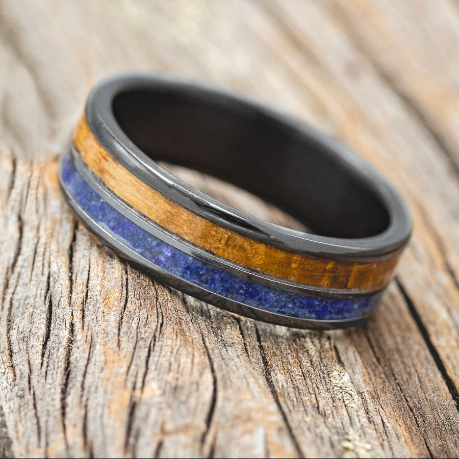 "DYAD" - WHISKEY BARREL OAK & LAPIS LAZULI WEDDING RING BAND-2
