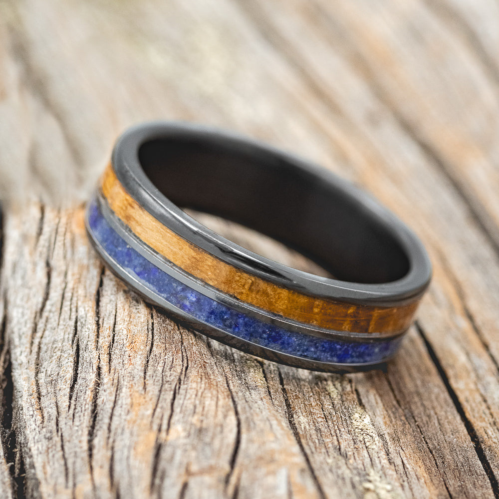 "DYAD" - WHISKEY BARREL & LAPIS LAZULI WEDDING BAND - READY TO SHIP-2