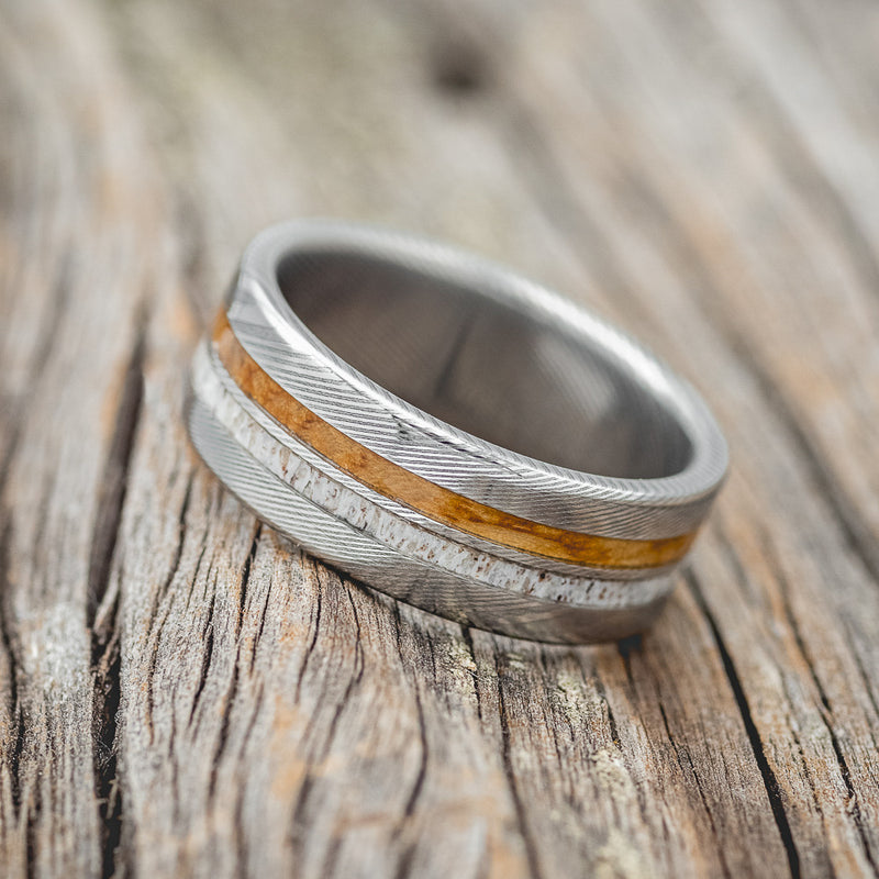 "SILAS" - WHISKEY BARREL OAK & ANTLER WEDDING BAND - READY TO SHIP-2