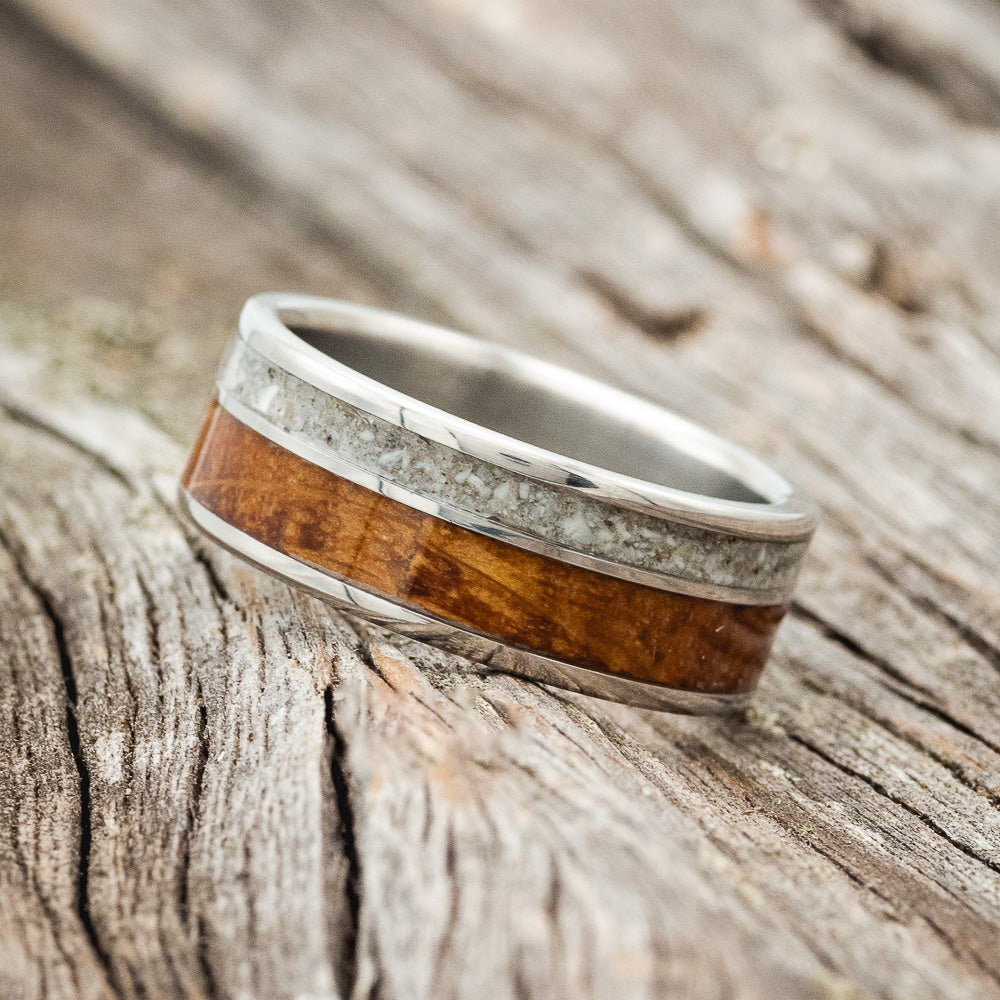 "RAPTOR" - WHISKEY BARREL OAK & ELK TOOTH IVORY WEDDING BAND-2