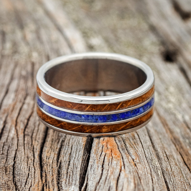 "RIO" - WHISKEY BARREL & LAPIS LAZULI WEDDING BAND - READY TO SHIP-3