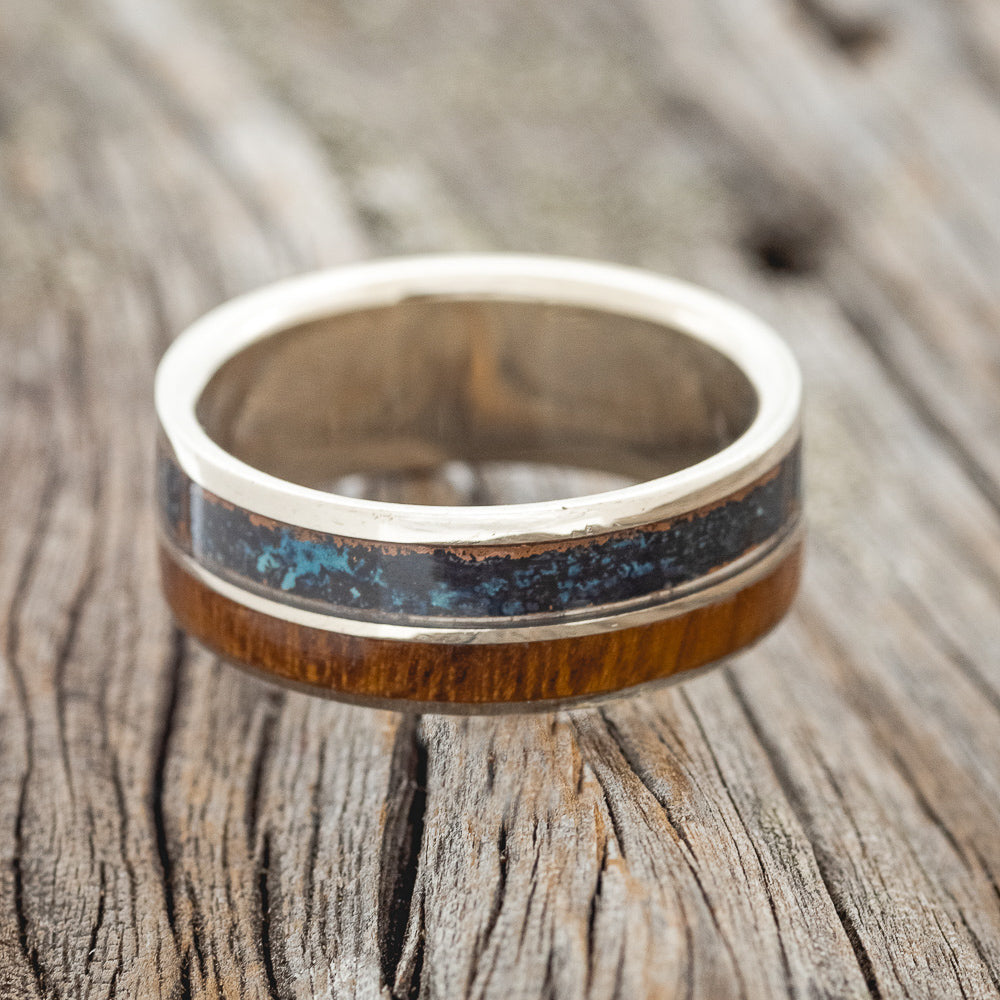 "DYAD" - IRONWOOD & PATINA COPPER WEDDING RING FEATURING A 14K GOLD BAND-6