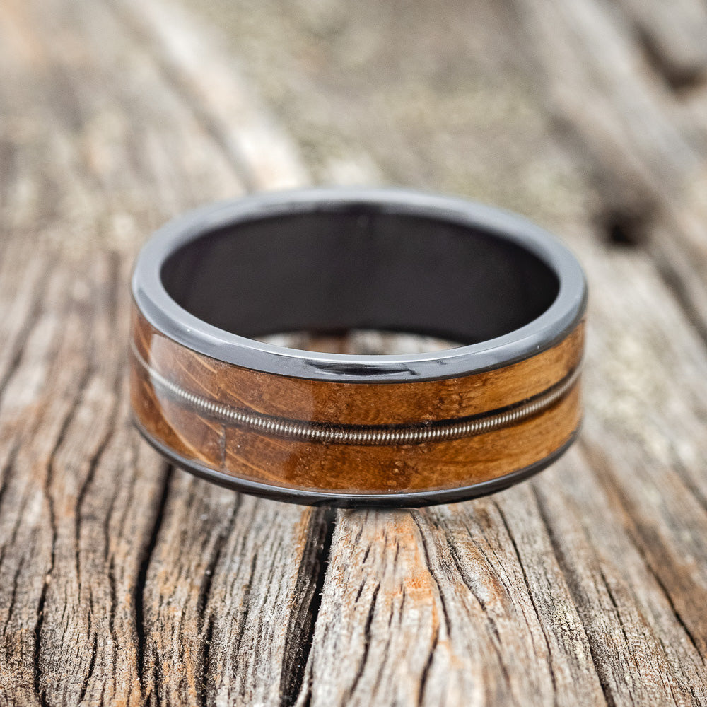 "RAINIER" - GUITAR STRING & WHISKEY BARREL OAK WEDDING RING-3