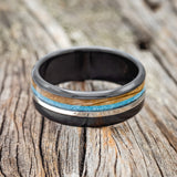 "TANNER" - WHISKEY BARREL, TURQUOISE & SILVER INLAY WEDDING RING FEATURING A BLACK ZIRCONIUM BAND