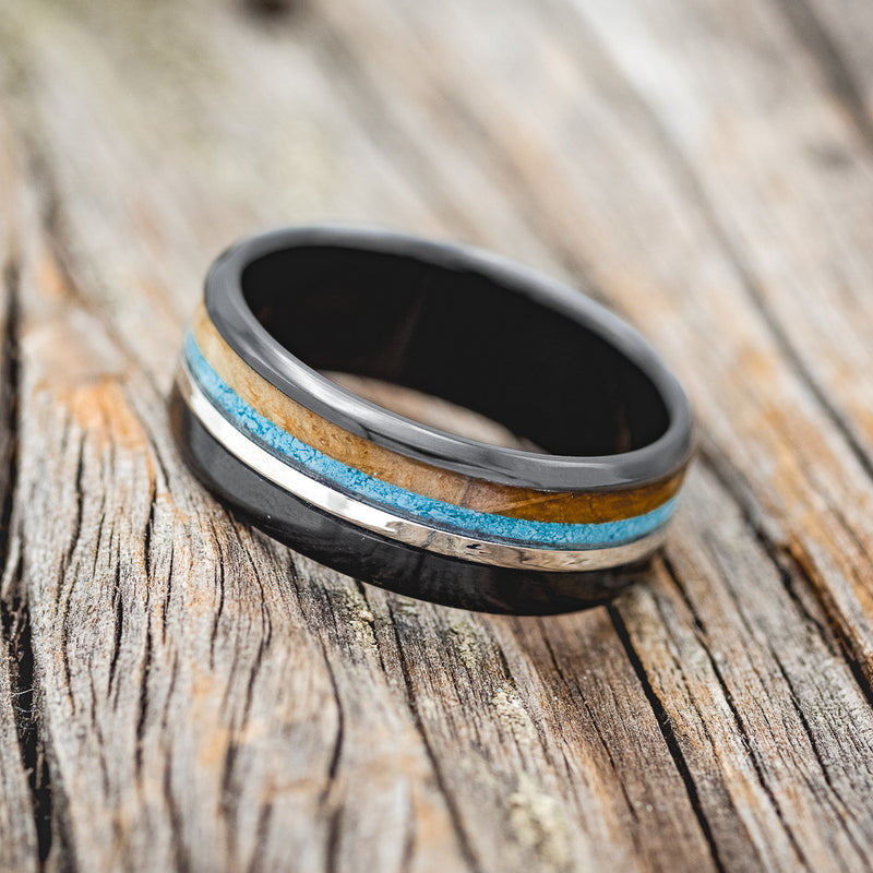 "TANNER" - WHISKEY BARREL, TURQUOISE & SILVER INLAY WEDDING RING FEATURING A BLACK ZIRCONIUM BAND