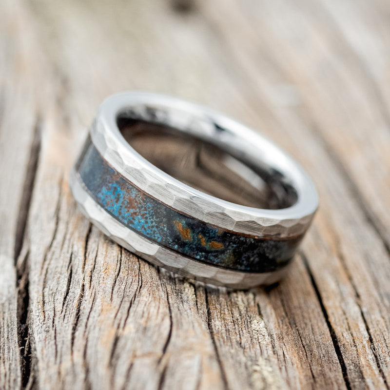 PATINA COPPER WEDDING BAND FEATURING A FACETED TUNGSTEN BAND
