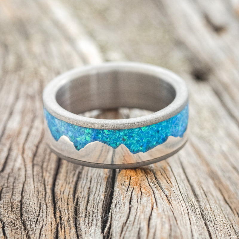 "HELIOS" - BLUE OPAL & SILVER MOUNTAIN RANGE WEDDING BAND WITH SANDBLASTED FINISH-3