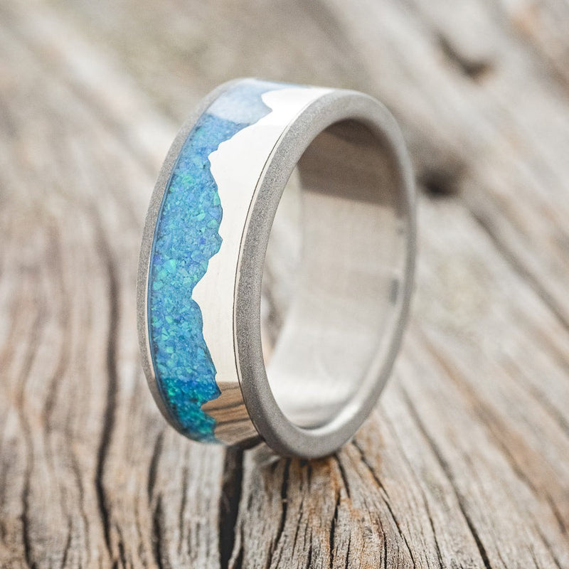 "HELIOS" - BLUE OPAL & SILVER MOUNTAIN RANGE WEDDING BAND WITH SANDBLASTED FINISH-2