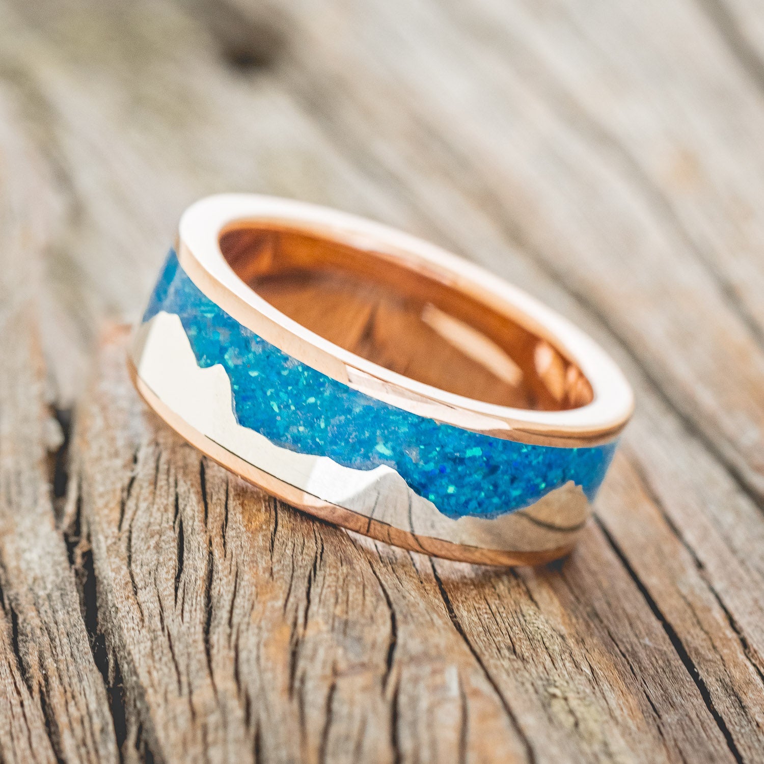 "HELIOS" - BLUE OPAL WITH SILVER MOUNTAIN RANGE WEDDING BAND-14