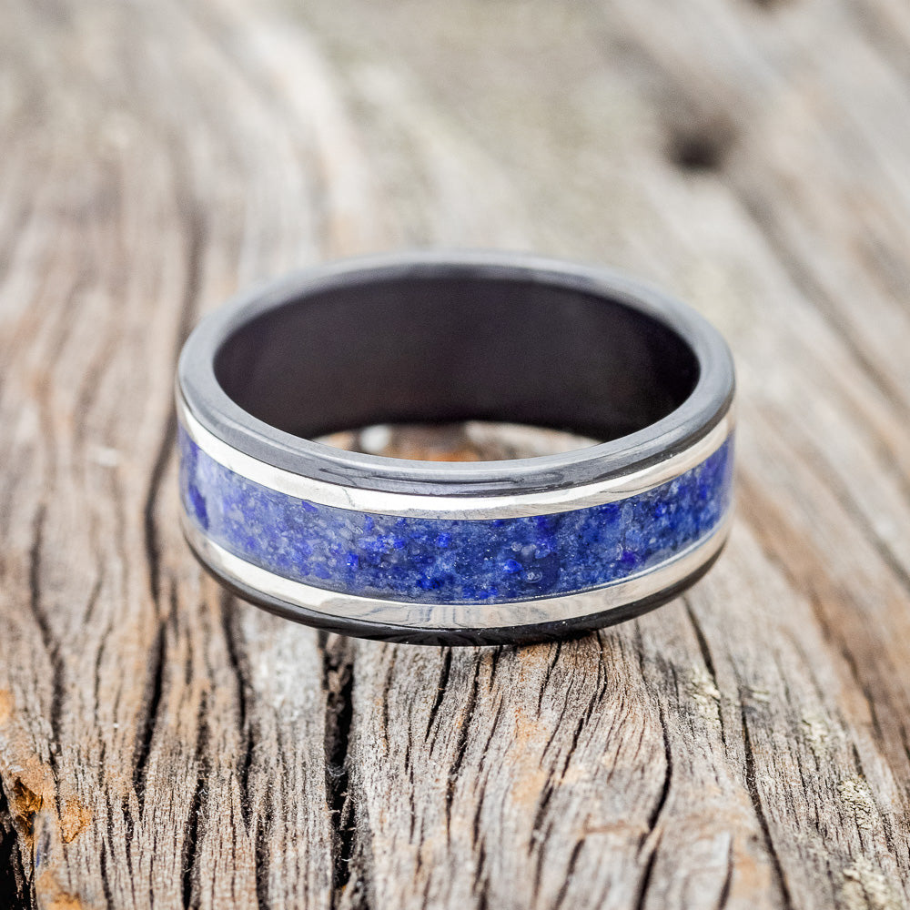 "HOLLIS" - LAPIS LAZULI & 14K GOLD INLAYS WEDDING RING-3