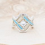 Shown here is "Helix", a geometric-style princess cut moissanite women's engagement ring with diamond accents and turquoise inlays, with tracers front facing. Many other center stone options are available upon request.