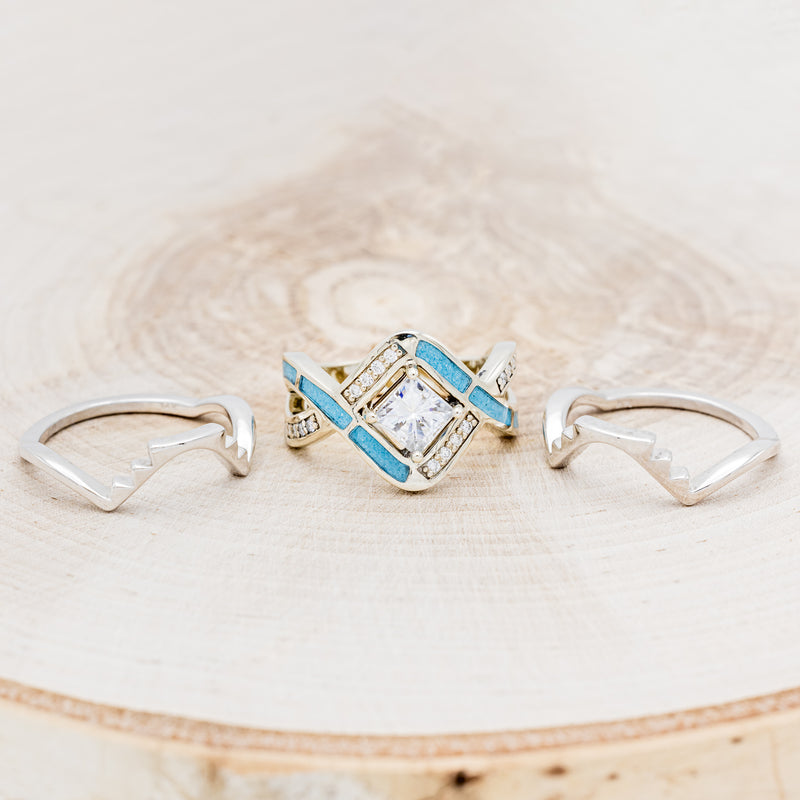 Shown here is "Helix", a geometric-style princess cut moissanite women's engagement ring with diamond accents and turquoise inlays separated, front facing.. Many other center stone options are available upon request.