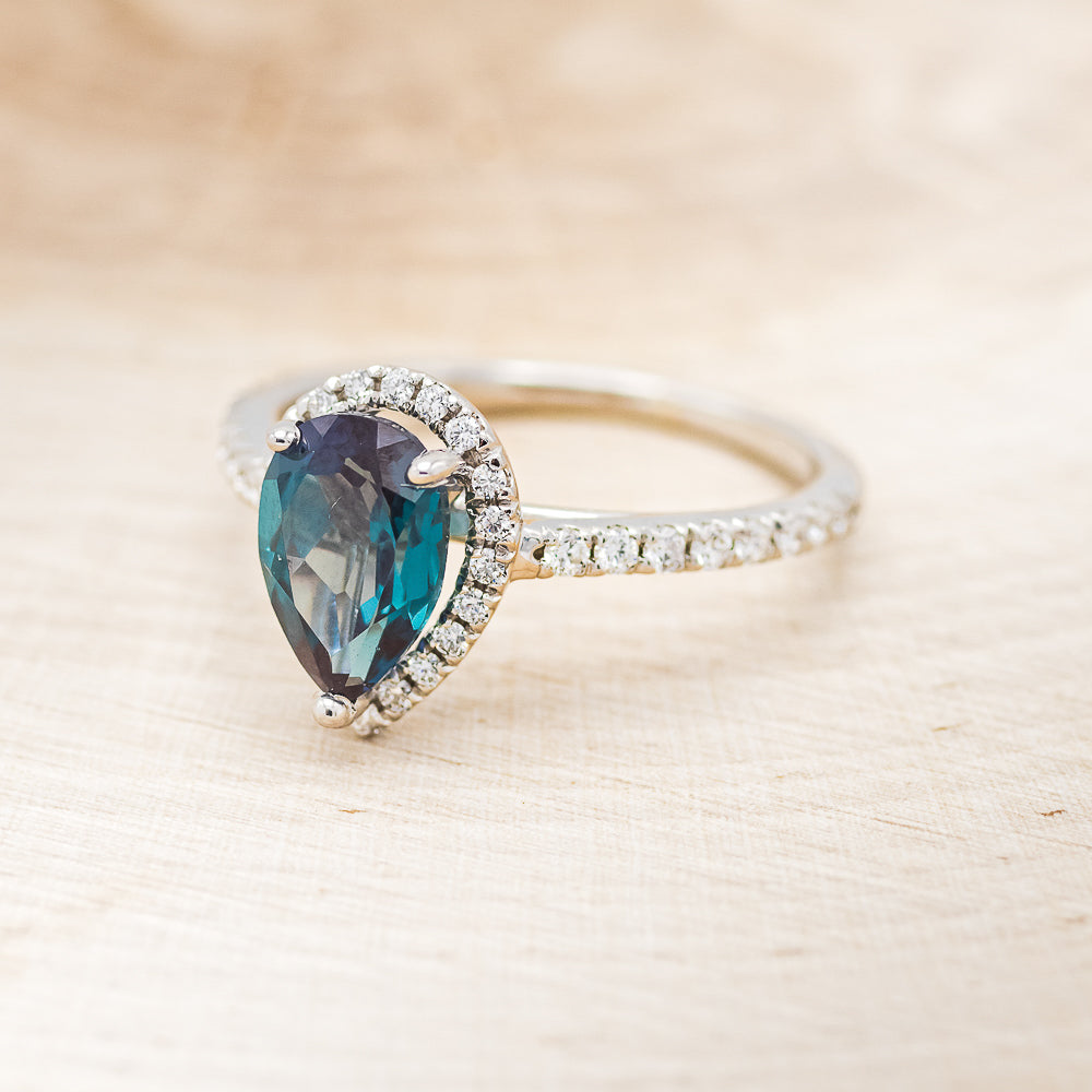 "RORY" - PEAR-SHAPED LAB-GROWN ALEXANDRITE ENGAGEMENT RING WITH DIAMOND HALO & ACCENTS-2