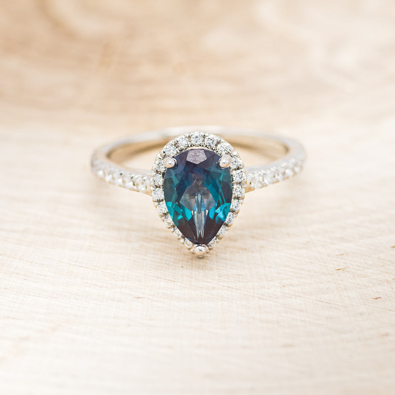 "RORY" - PEAR-SHAPED LAB-GROWN ALEXANDRITE ENGAGEMENT RING WITH DIAMOND HALO & ACCENTS-4