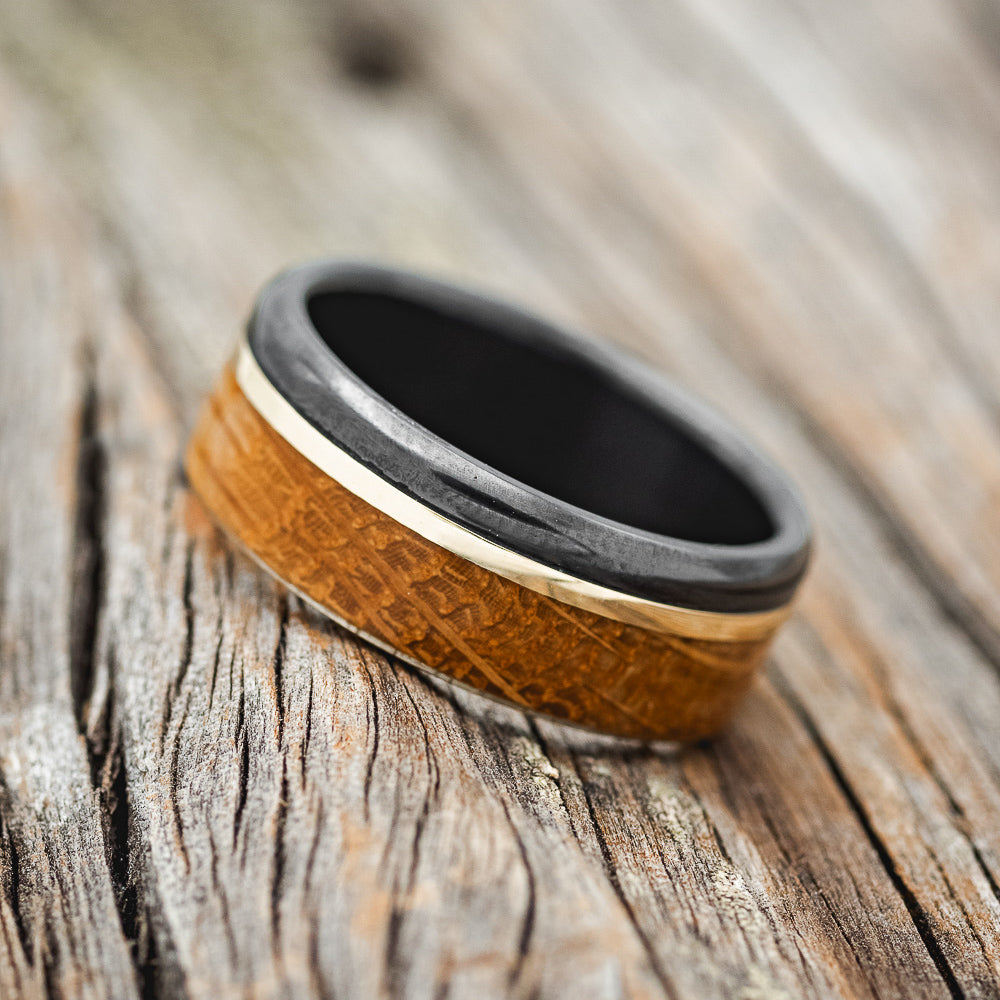 "EZRA" - WHISKEY BARREL OAK & 14K GOLD INLAY WEDDING BAND-2