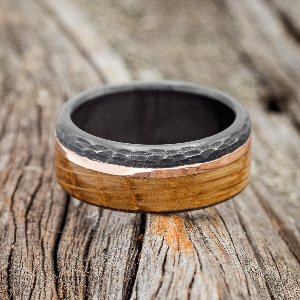 "EZRA" - WHISKEY BARREL OAK & 14K GOLD INLAY WEDDING RING FEATURING A HAMMERED BAND-3