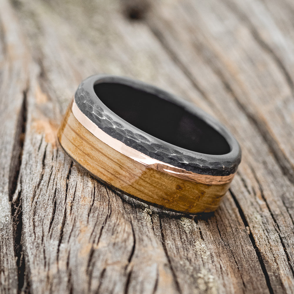 "EZRA" - WHISKEY BARREL OAK & 14K GOLD INLAY WEDDING RING FEATURING A HAMMERED BAND-2