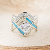 "HELIX" - PRINCESS CUT MOISSANITE ENGAGEMENT RING WITH DIAMOND ACCENTS, TURQUOISE INLAYS & DIAMOND TRACER-2