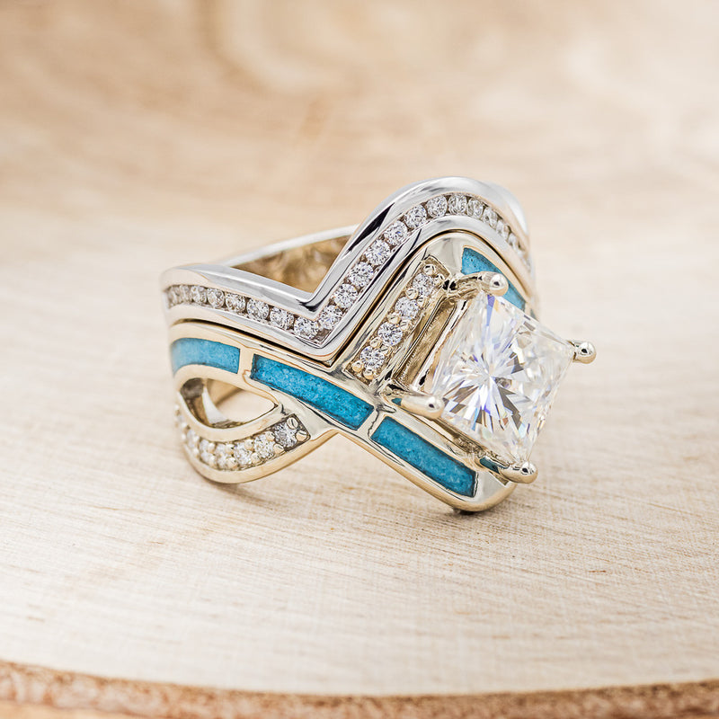 "HELIX" - PRINCESS CUT MOISSANITE ENGAGEMENT RING WITH DIAMOND ACCENTS, TURQUOISE INLAYS & DIAMOND TRACER-4