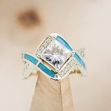 "HELIX" - PRINCESS CUT MOISSANITE ENGAGEMENT RING WITH DIAMOND ACCENTS, TURQUOISE INLAYS & DIAMOND TRACER-6