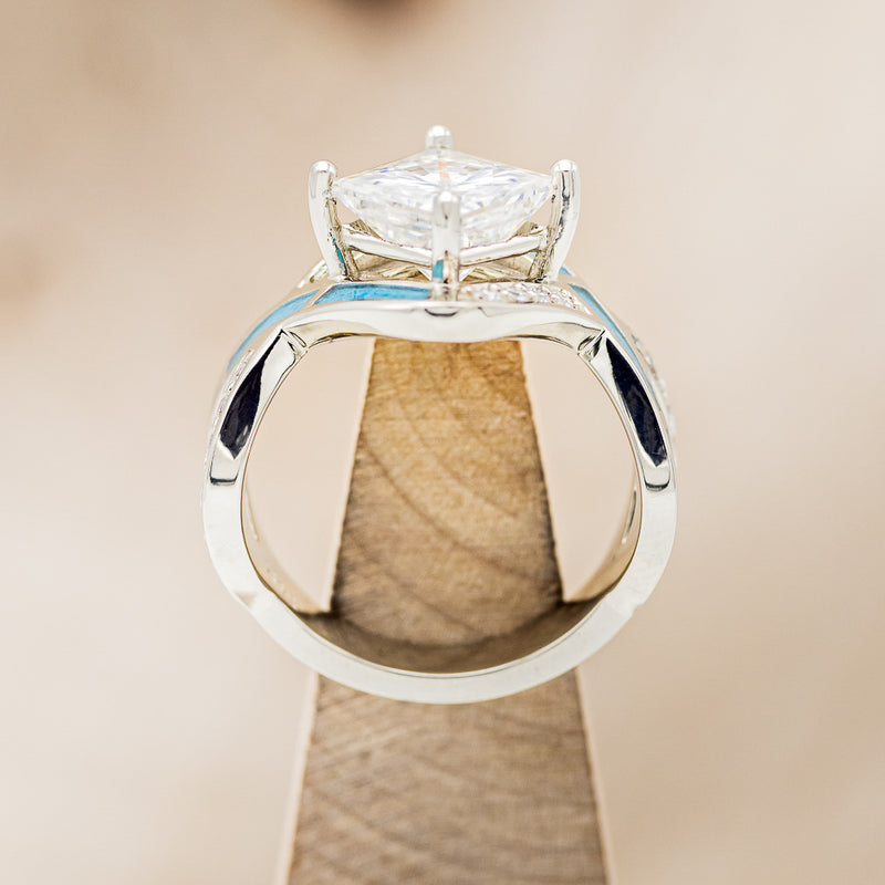 "HELIX" - PRINCESS CUT MOISSANITE ENGAGEMENT RING WITH DIAMOND ACCENTS, TURQUOISE INLAYS & DIAMOND TRACER-10