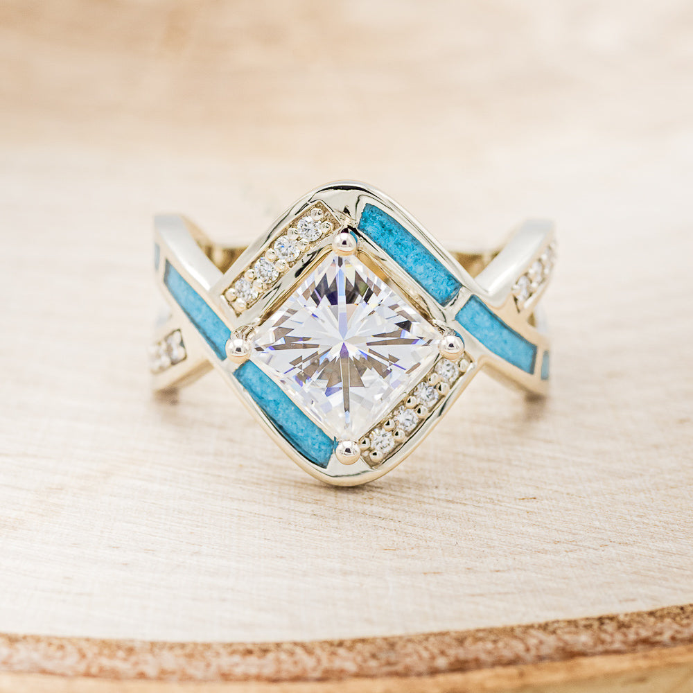 "HELIX" - PRINCESS CUT MOISSANITE ENGAGEMENT RING WITH DIAMOND ACCENTS, TURQUOISE INLAYS & DIAMOND TRACER-7