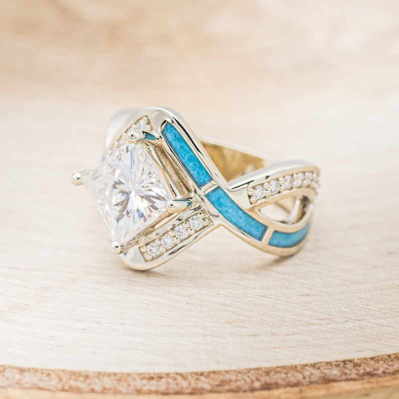 "HELIX" - PRINCESS CUT MOISSANITE ENGAGEMENT RING WITH DIAMOND ACCENTS, TURQUOISE INLAYS & DIAMOND TRACER-9