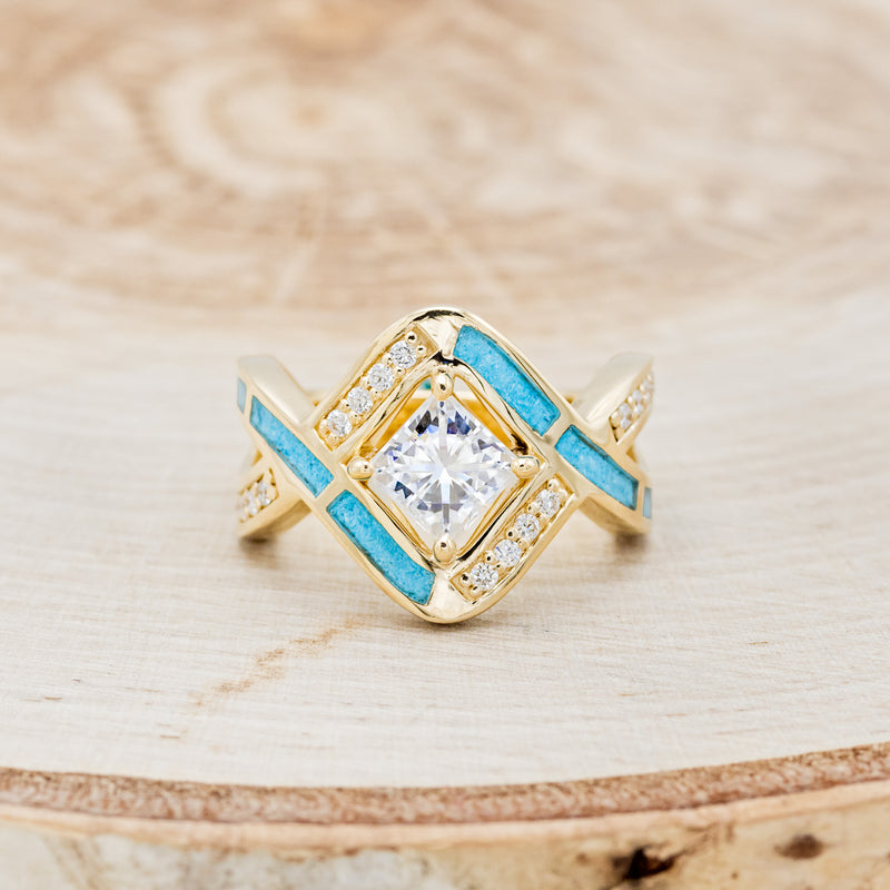 "HELIX" - PRINCESS CUT MOISSANITE ENGAGEMENT RING WITH DIAMOND ACCENTS & TURQUOISE INLAYS