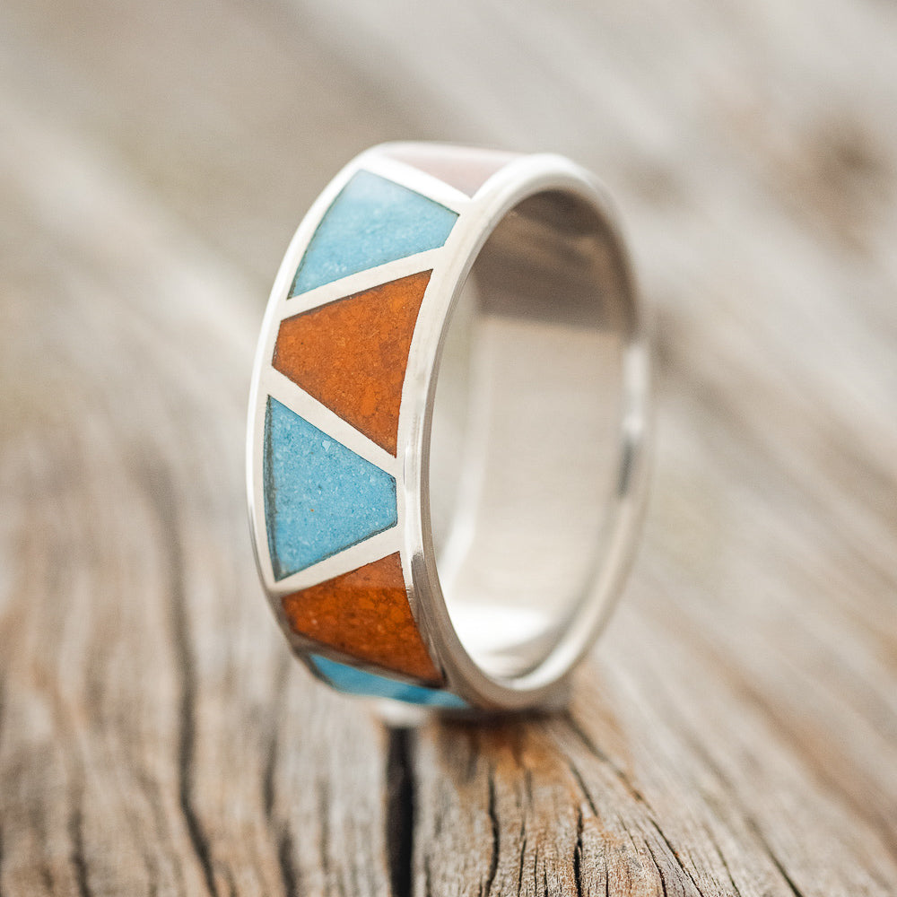 "POWELL" - MATCHING SET OF TERRACOTTA & TURQUOISE WEDDING BANDS-2