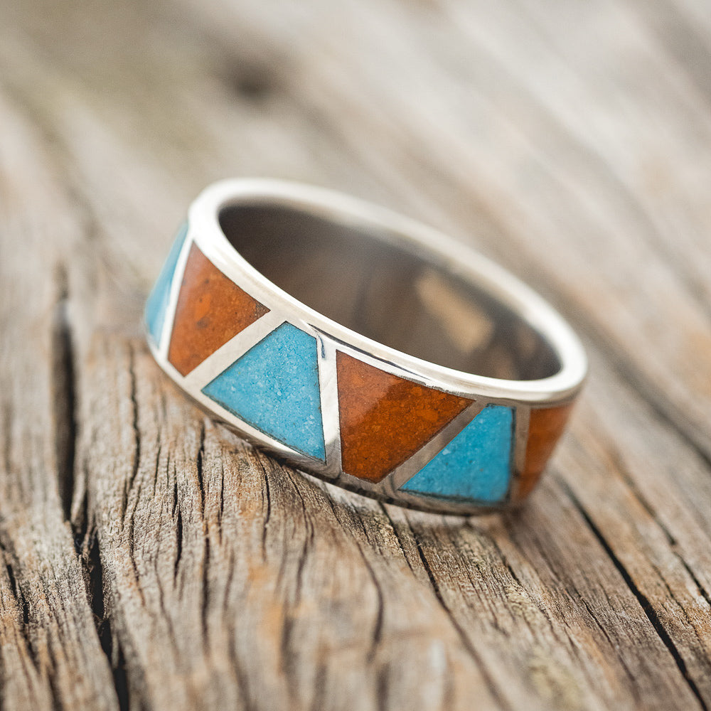 "POWELL" - MATCHING SET OF TERRACOTTA & TURQUOISE WEDDING BANDS-4