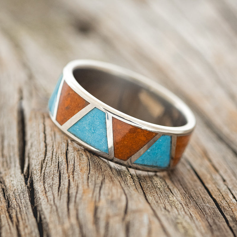 "POWELL" - MATCHING SET OF TERRACOTTA & TURQUOISE WEDDING BANDS