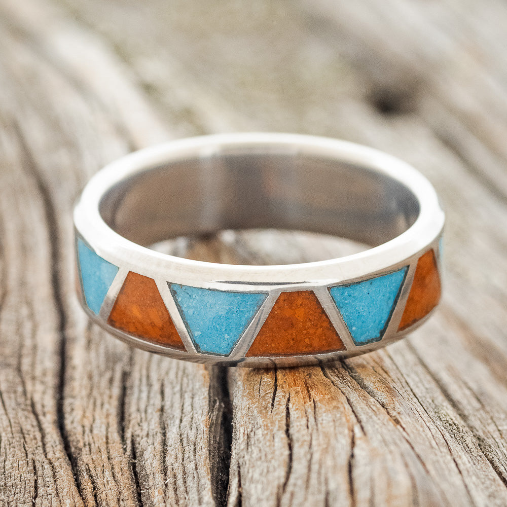 "POWELL" - MATCHING SET OF TERRACOTTA & TURQUOISE WEDDING BANDS-11